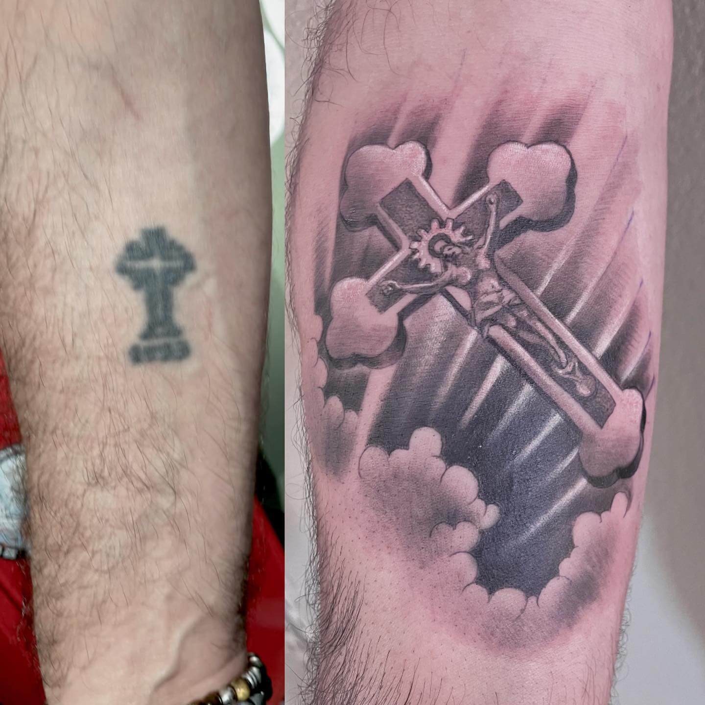 Coverup Cross Tattoo With Clouds And Christ’s Figure