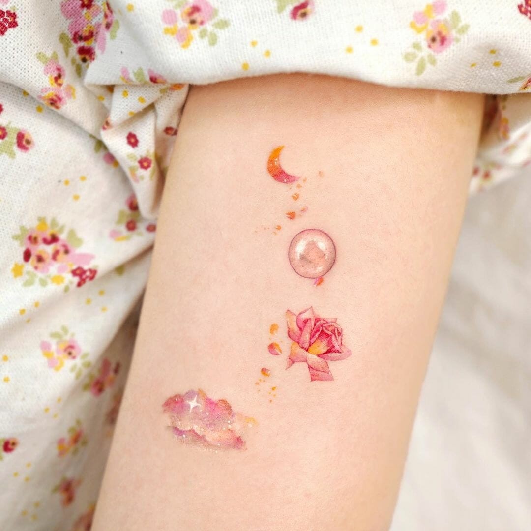 Colourful Simple Pearl Tattoo With Flower