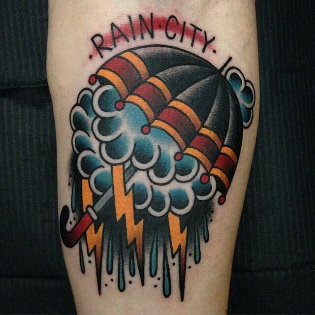 Umbrella And Rain Design Tattoo