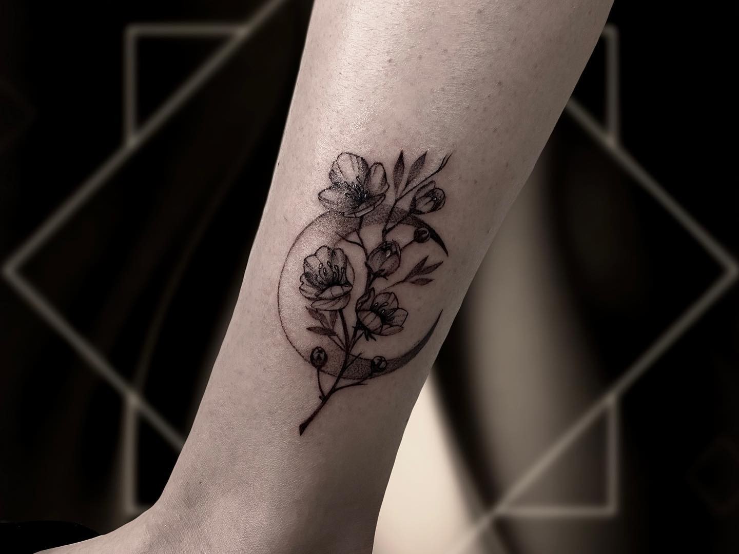 Simple Moon Tattoo With Flower