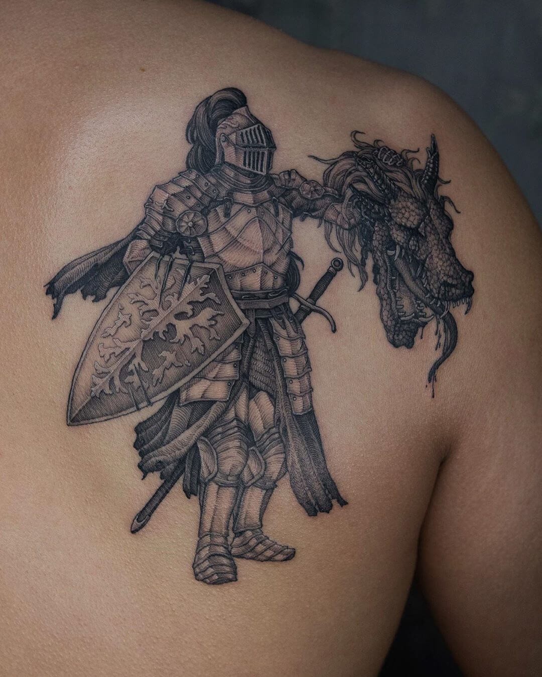 Realistic Drawing Tattoo Art Inked In Black Knight Tattoos In Armor Design For Men