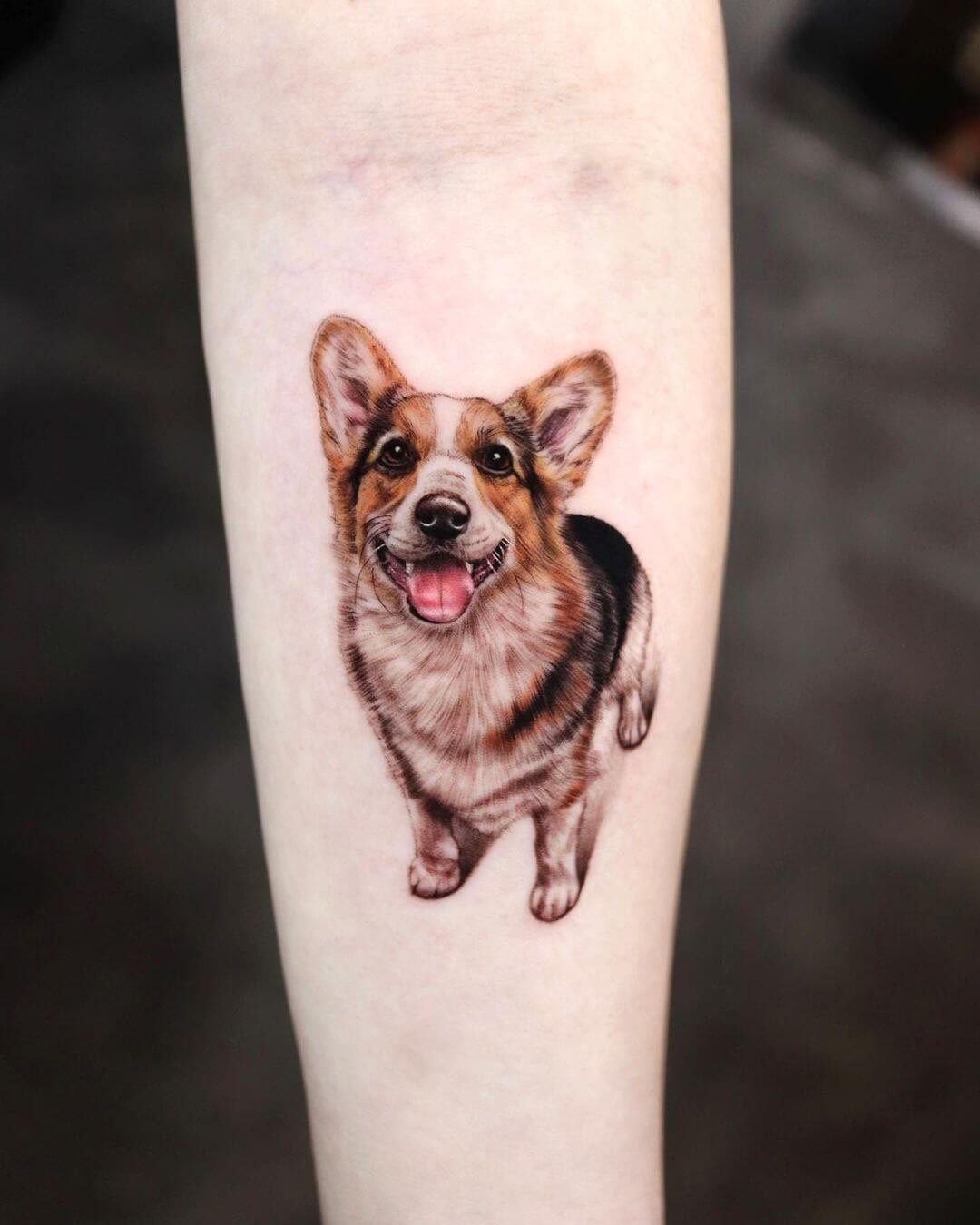 Realistic Portrait Of Corgi Tattoo