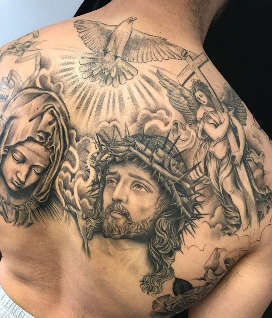 Jesus Tattoo With A Dove On The Back