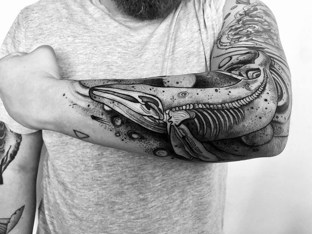 Incredible Grayscale Skeleton Humpback Whale Sleeve Tattoos Dotwork Ideas For Men