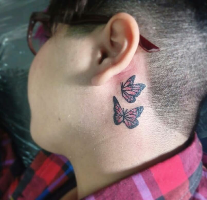 A Pair of Butterflies Tattoo On Neck