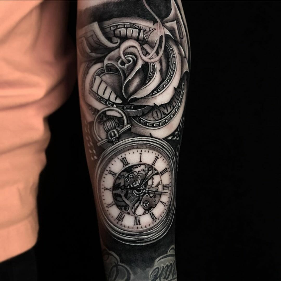 ‘Time Is Money’ Rose Tattoo