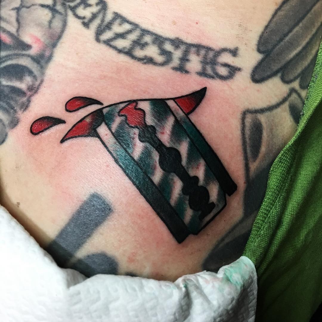 Slit Skin Razor Blade And Blood Tattoo