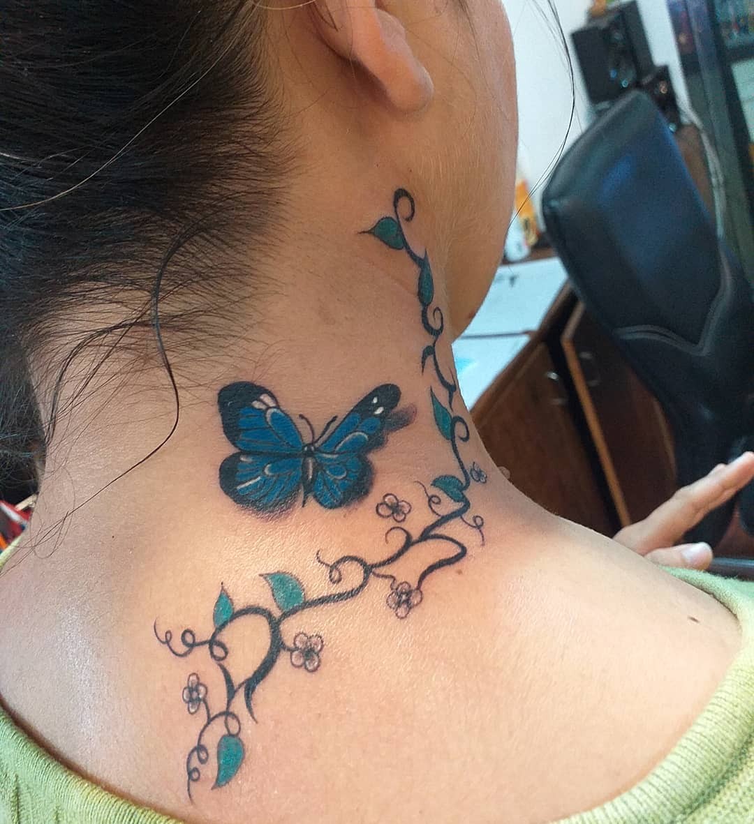 Realistic Neck Butterfly Tattoo