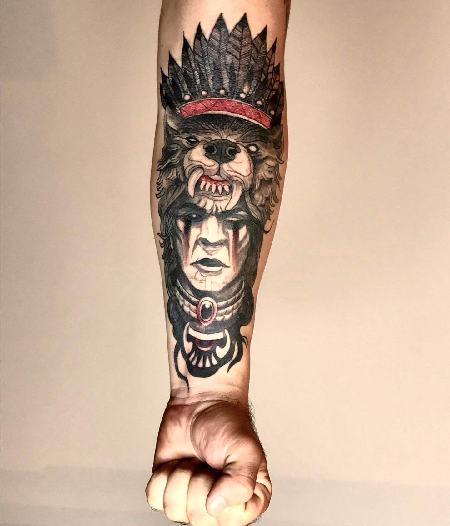 Wolf Head Native Man Portrait Tattoo