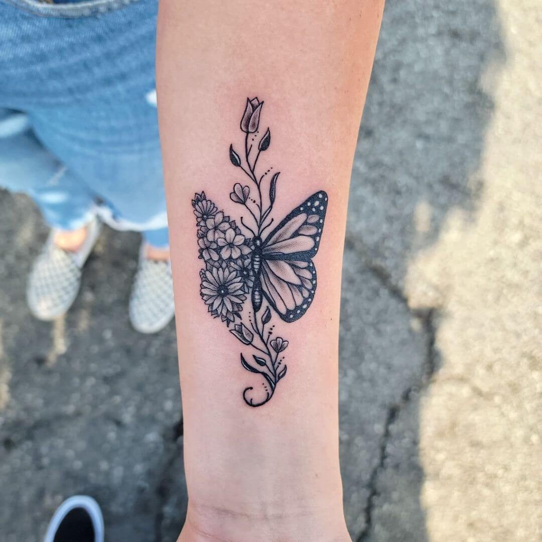 Floral Black And Grey Butterfly Tattoo