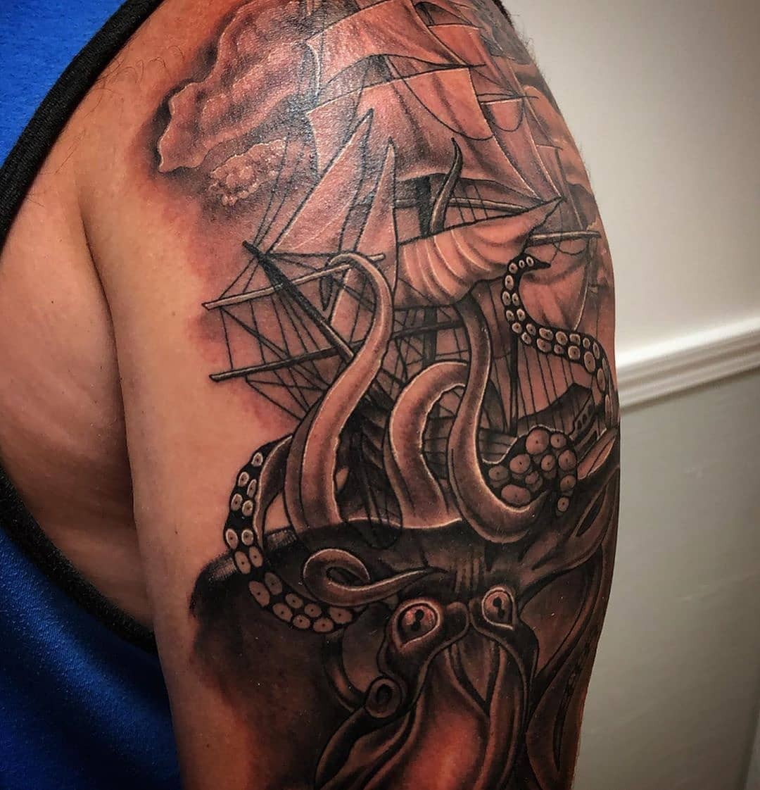 Kraken Tattoo On Shoulder With Ship Detail