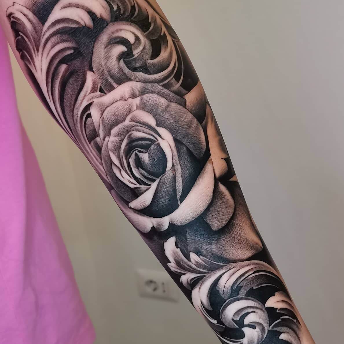 Realistic Black-Inked New Rose Tattoo