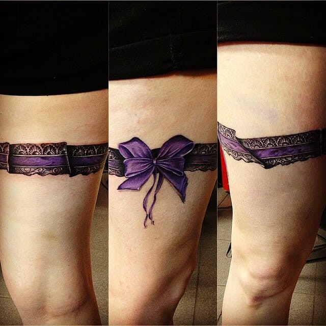 Purple Satin Ribbon Bow And Garter Thigh Tattoo