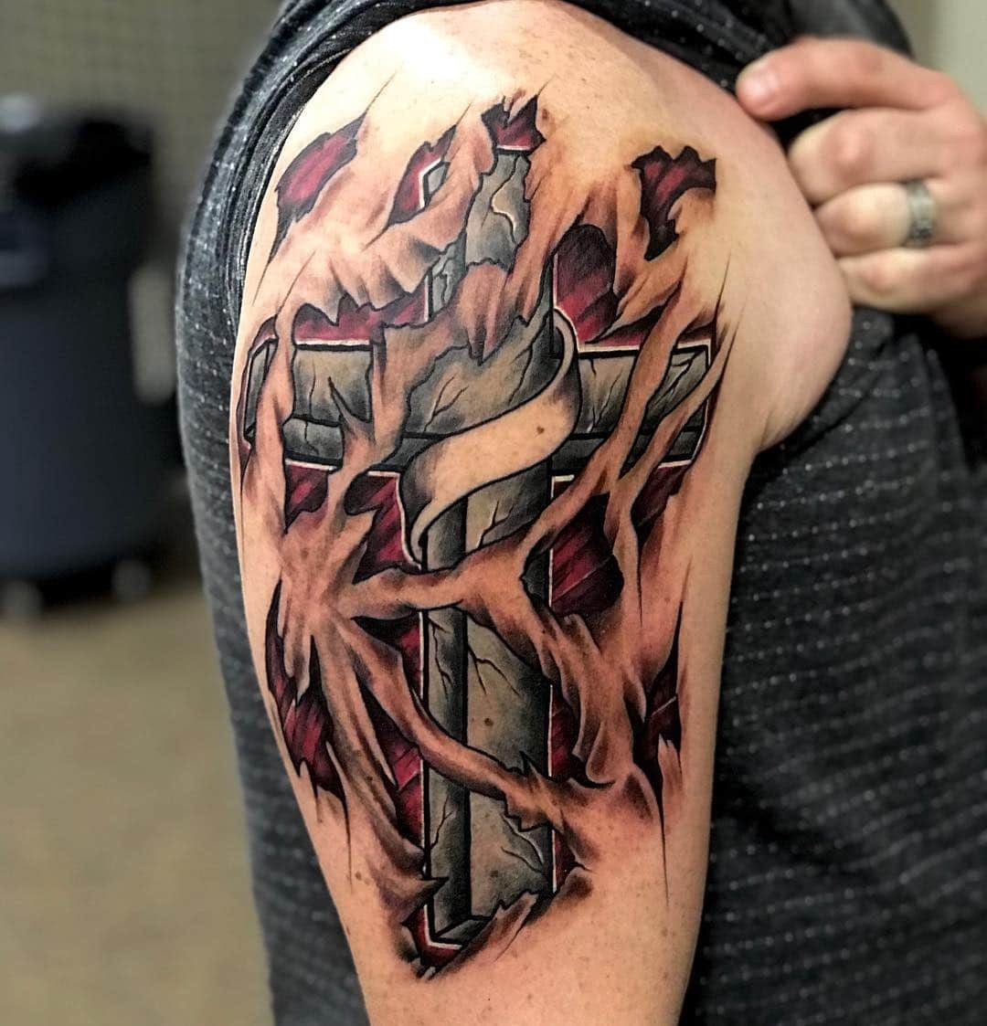 Realistic Ripped Tattoo Cross Tattoo Ideas