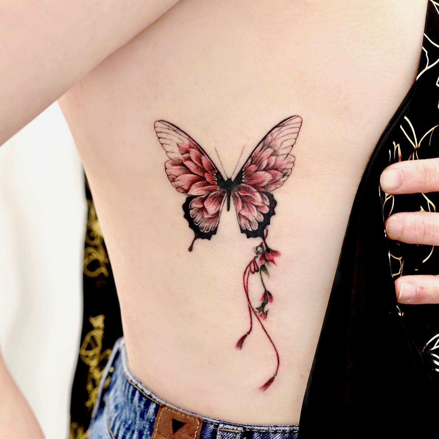 Floral Black Butterfly Tattoo