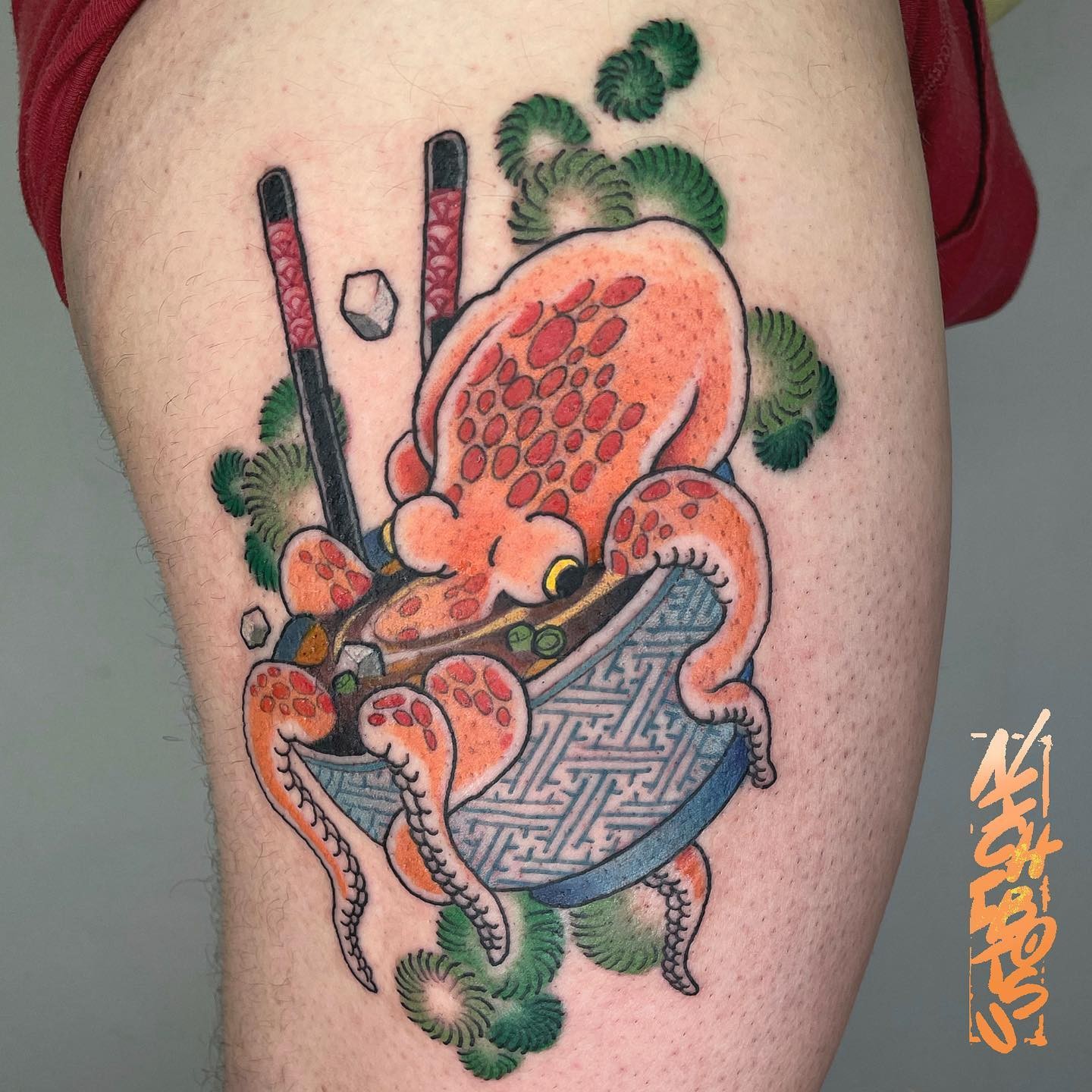 Thigh Japanese Octopus Tattoo