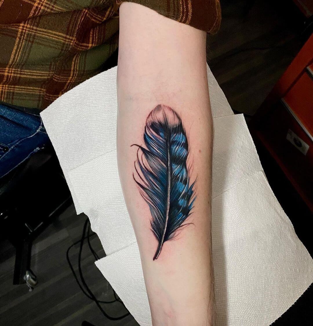 Realism Blue Jay Feather Tattoo