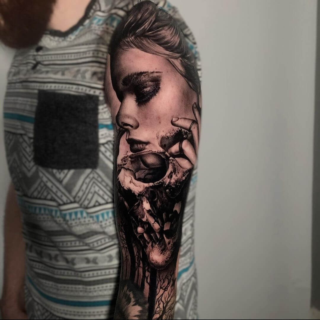 Meta Morph Skull And Face Tattoo