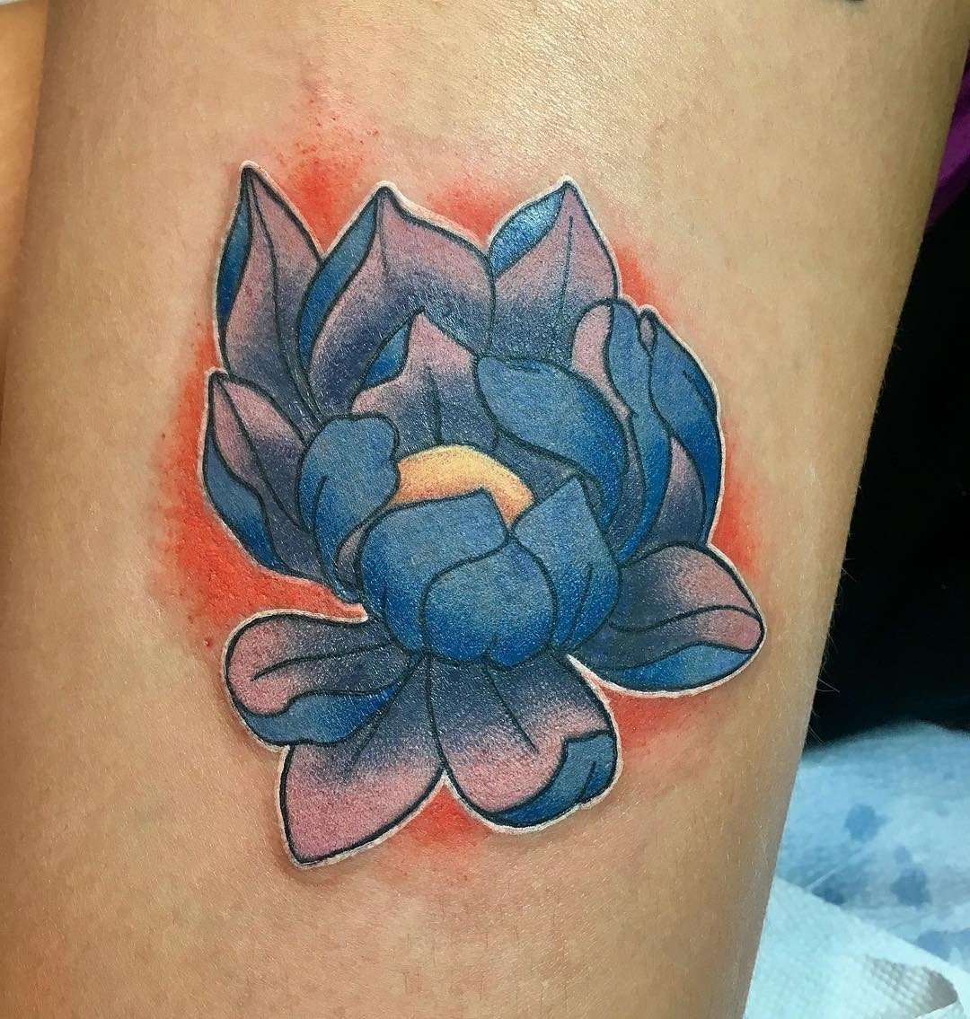 Classic Blue Lotus Tattoo With Red Background