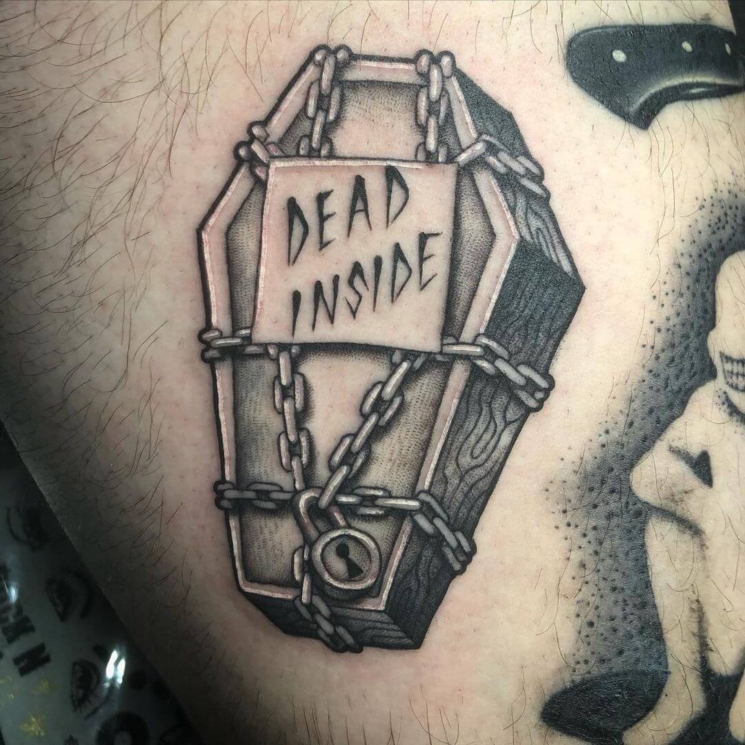 Coffin Labelled “Dead Inside” Tattoo Design