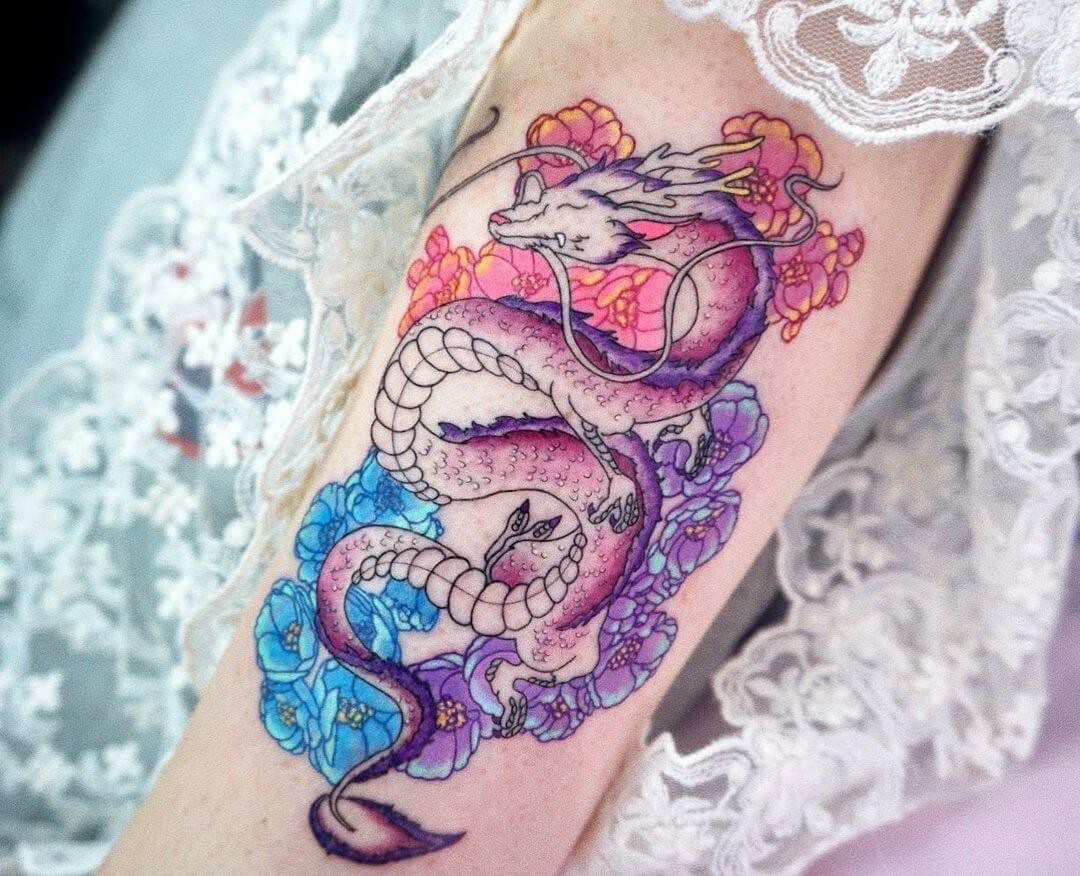 Purple Dragon Tattoo With Cherry Blossoms