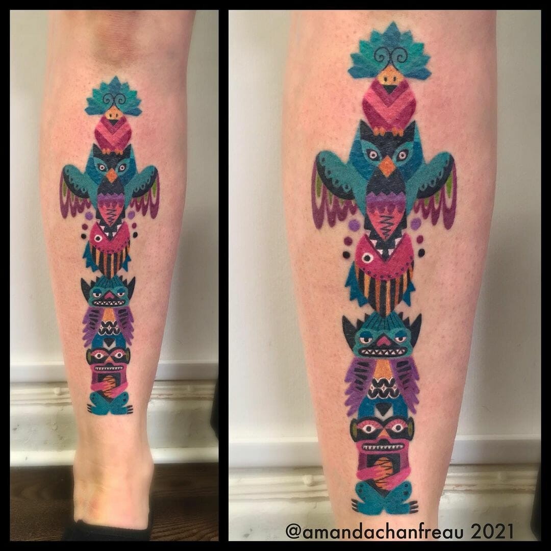 Colourful Animal Totem Pole Tattoo