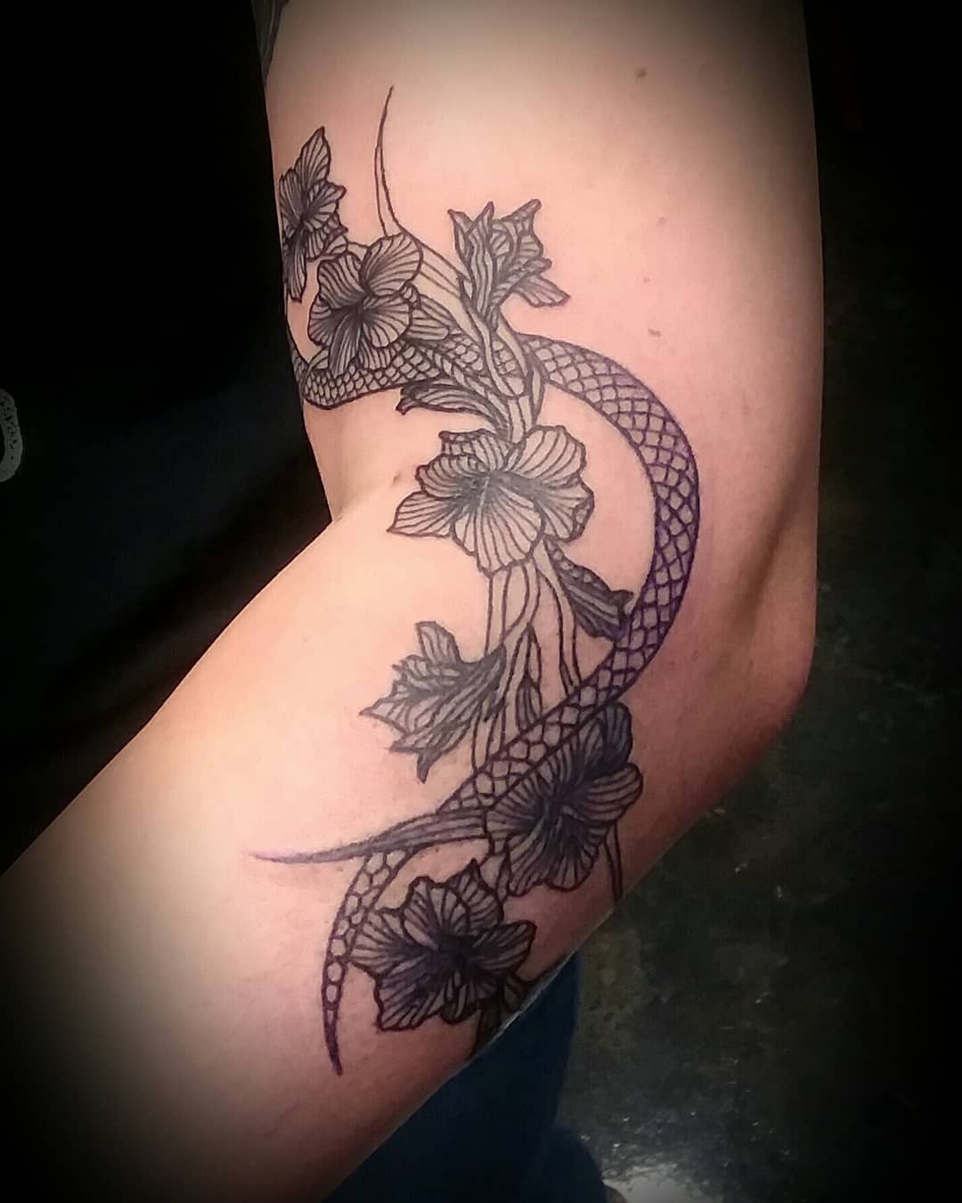 Snake and Gladiolus Flower Tattoo