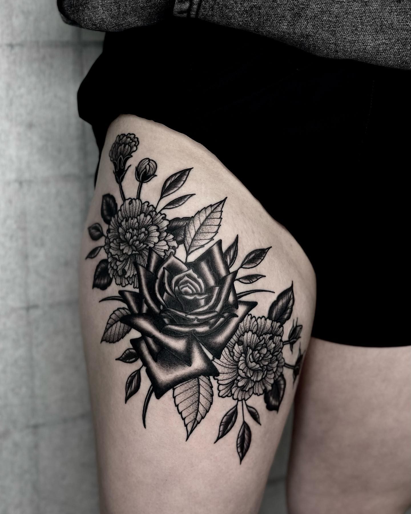 Unwanted Tattoo Cover-Up On Leg Black Rose Tattoo