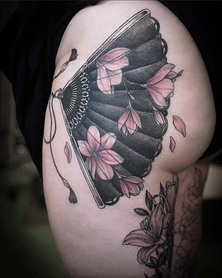 Chinese Fan Magnolia Flowers Tattoo