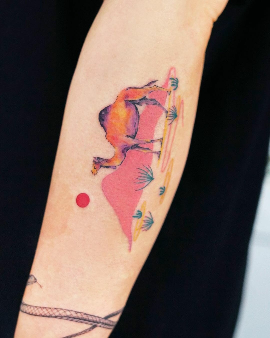 Watercolour Desert And Camel Tattoo