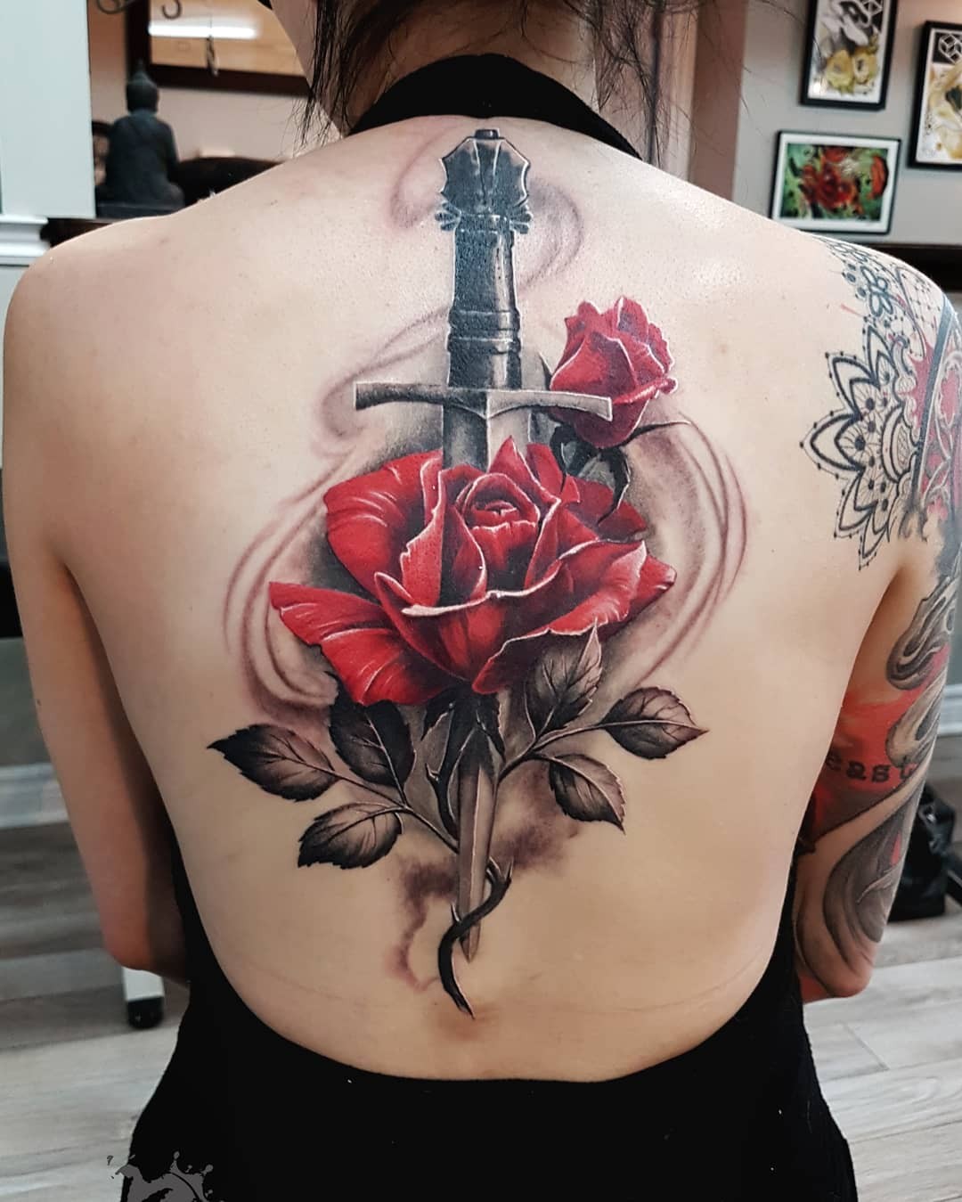 Sword And Rose Back Tattoo