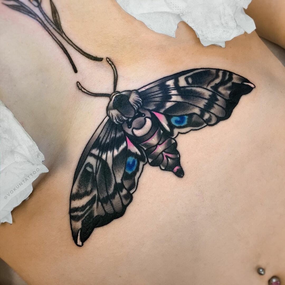 Crystal Sternum Tattoos With Moths