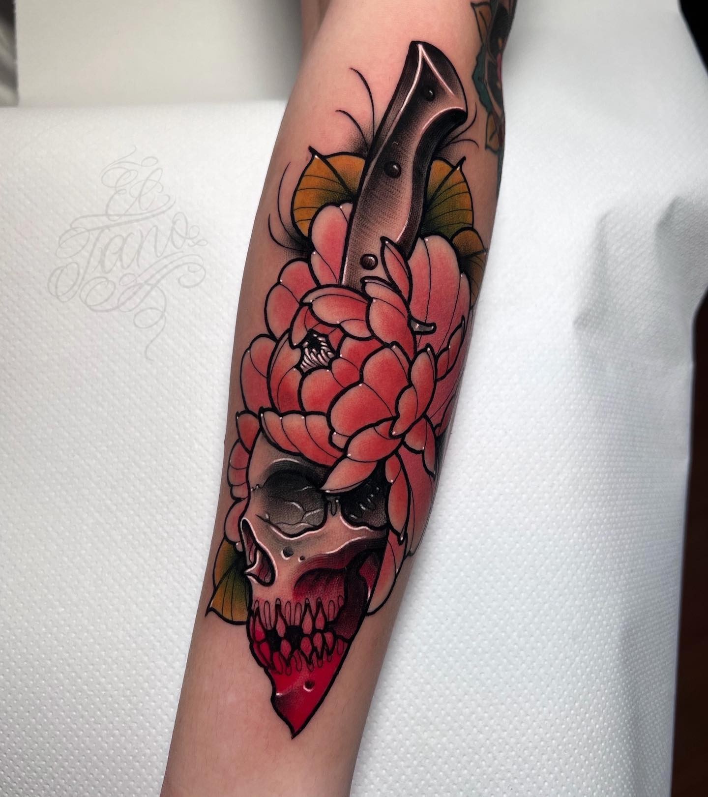 Neo-Traditional Skull-Dagger Tattoo with Flowers