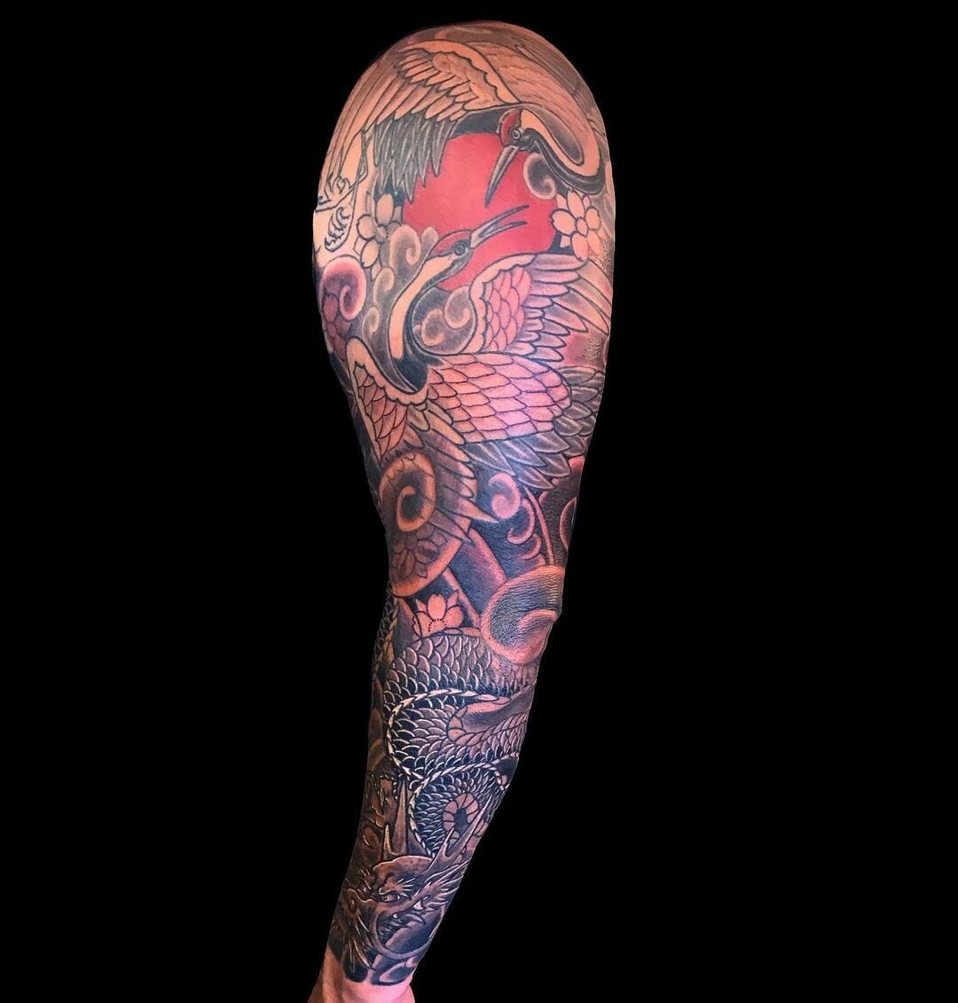 Full Sleeve Crane Tattoo