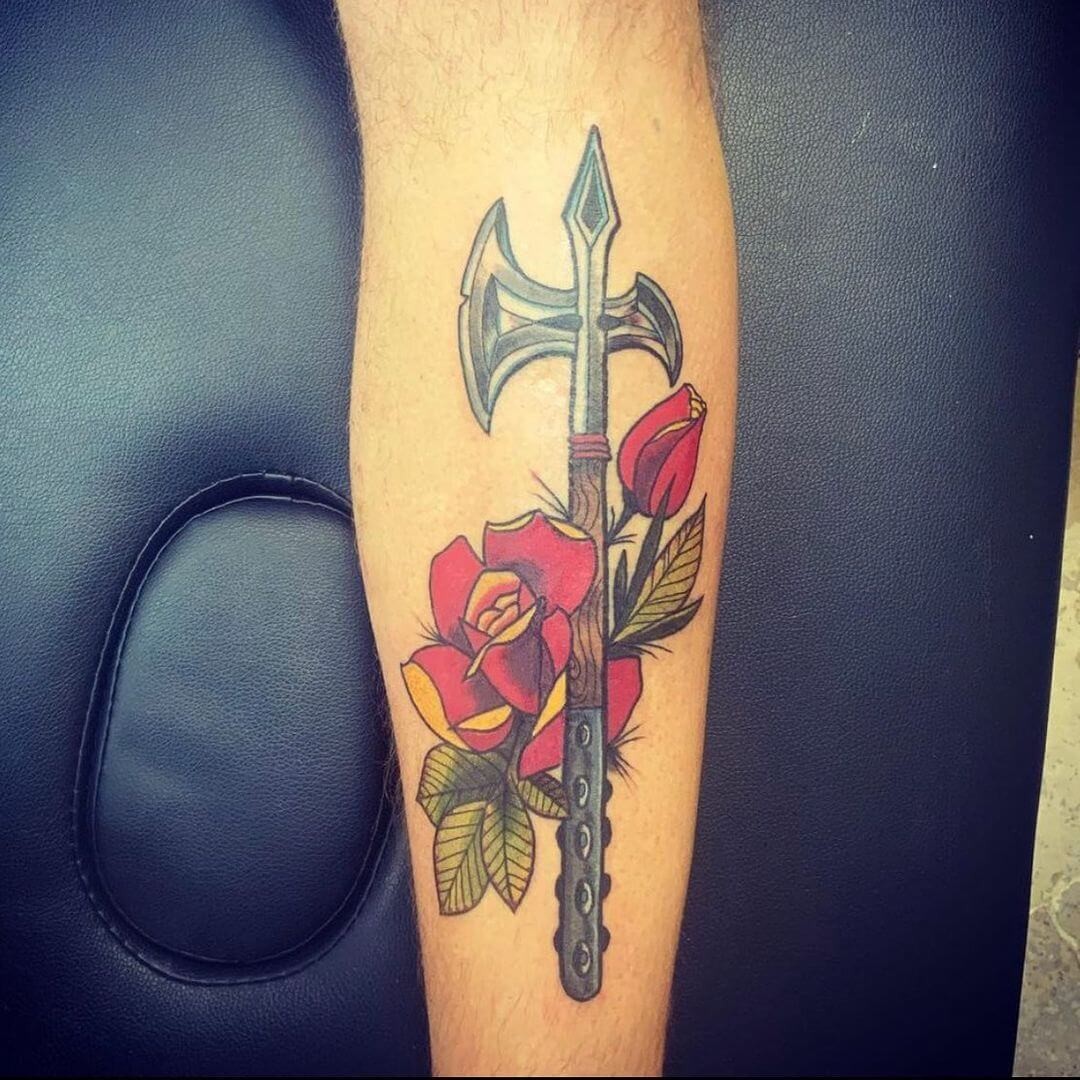 Axe With Beautiful Rose Tattoo