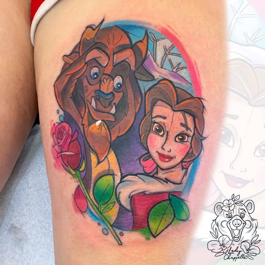 Sketchy Disney Tattoos Beauty And The Beast Rose Tattoo Full Color Winter Couple Design