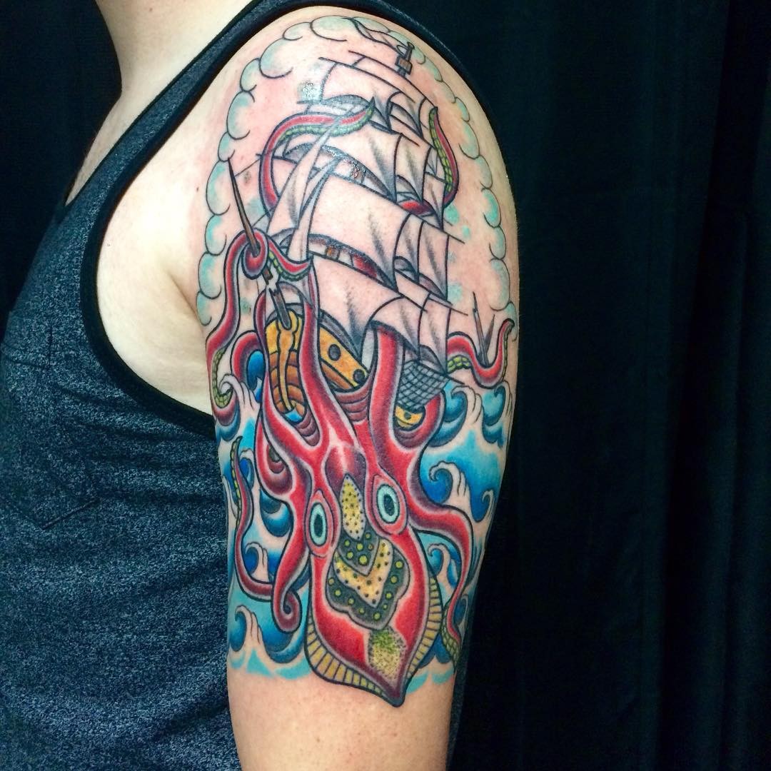 Sea Monster Tattoo On Shoulder With Ship Detail