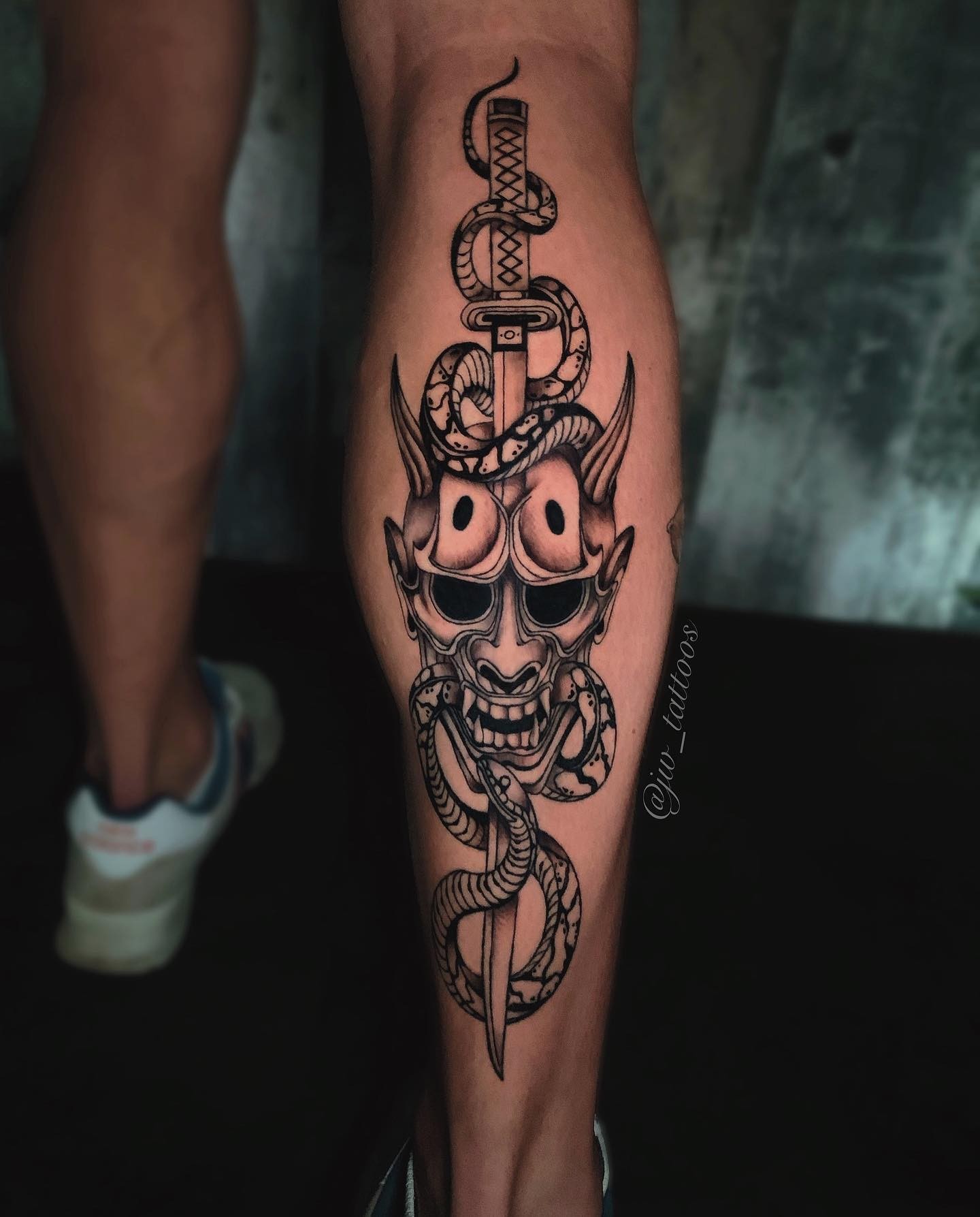 Katana, Oni Mask, And A Wrapped Around Snake Tattoo