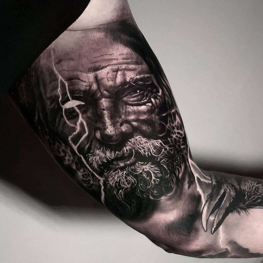 Detailed Thor Tattoo With Amazing Lines On Bicep