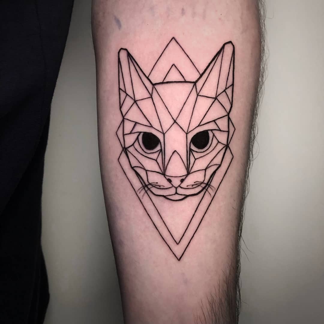 Fine Line Geometric Cat Tattoo Ideas