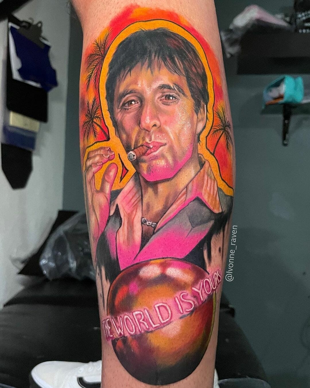 Portrait Of Tony Montana And The World Is Yours Tattoo