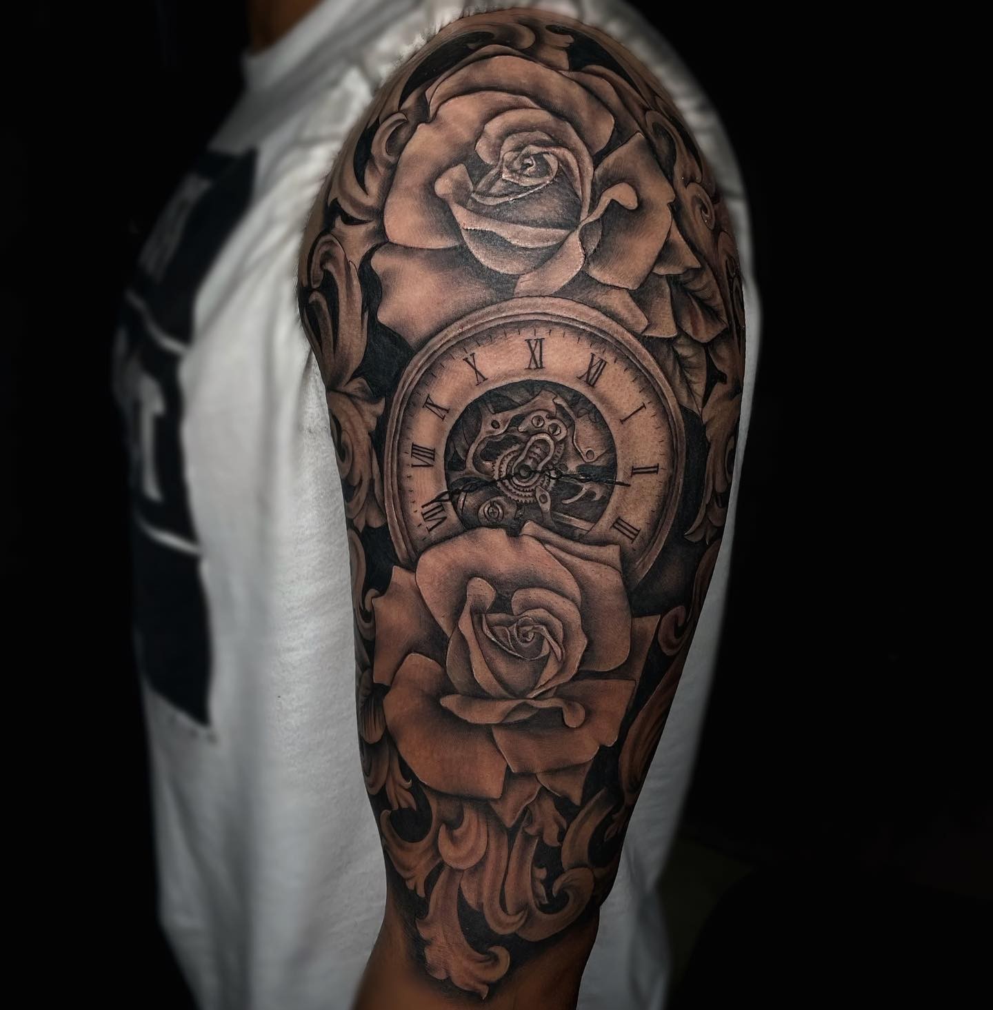 Rose And Clock Tattoos For Men