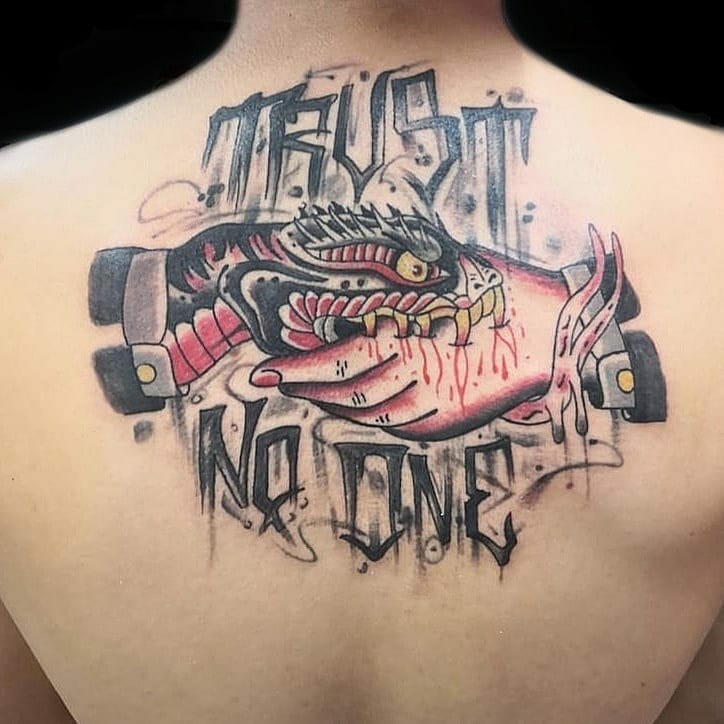 Incredible Sketchy Trust No One Tattoo With Snake Biting Hand Design Back Body Art