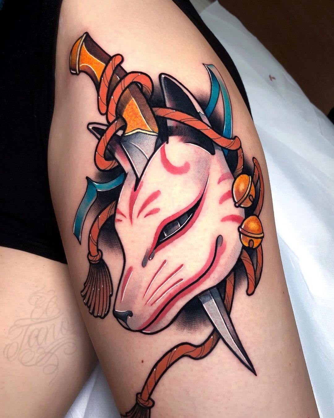 Neo-Traditional Kitsune And Dagger Tattoo Ideas