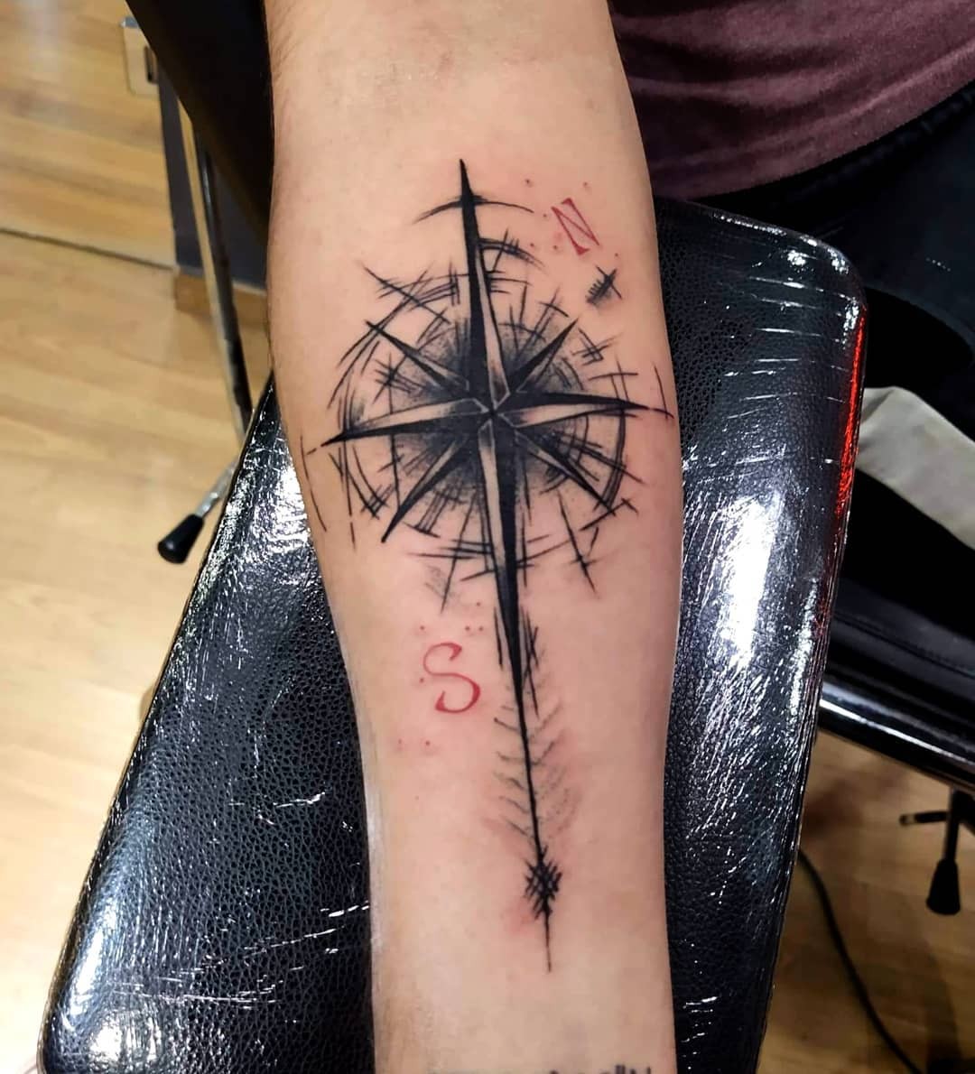 Sketchy Compass North Star Tattoo For Men Forearm Star Tattoos In Black Ink