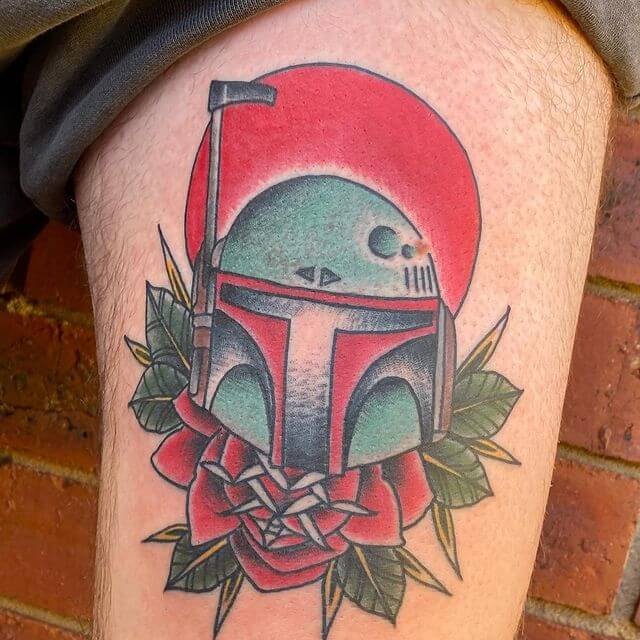 Detailed And Red Inspired Boba Fett Helmet Tattoo