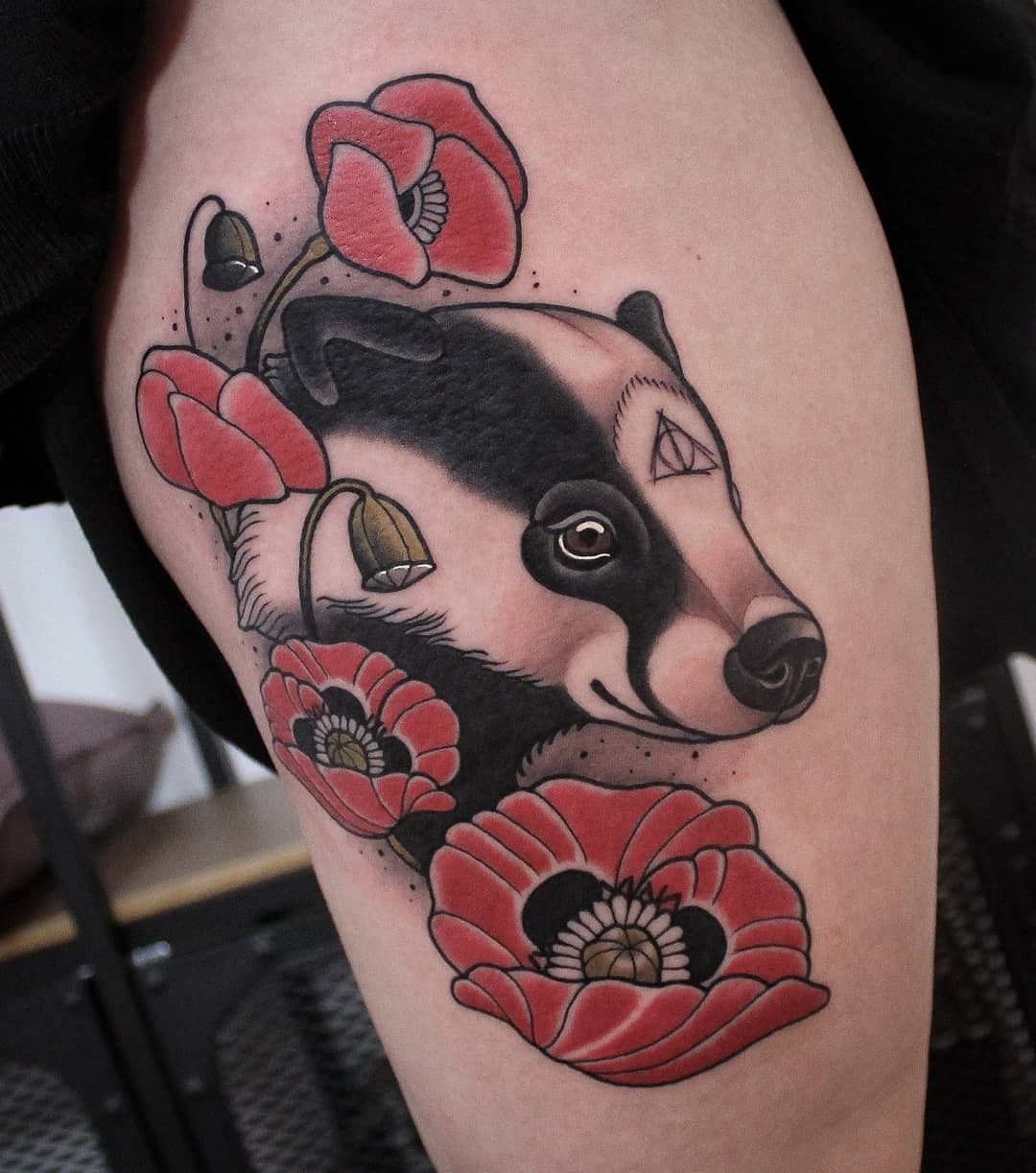 Badger Tattoo With Floral Designs