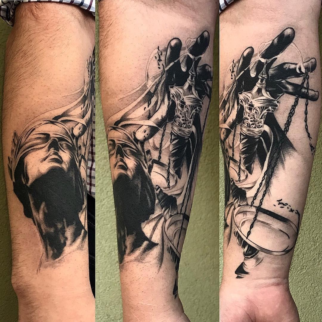 Dramatic Lady Justice Tattoo On The Arm