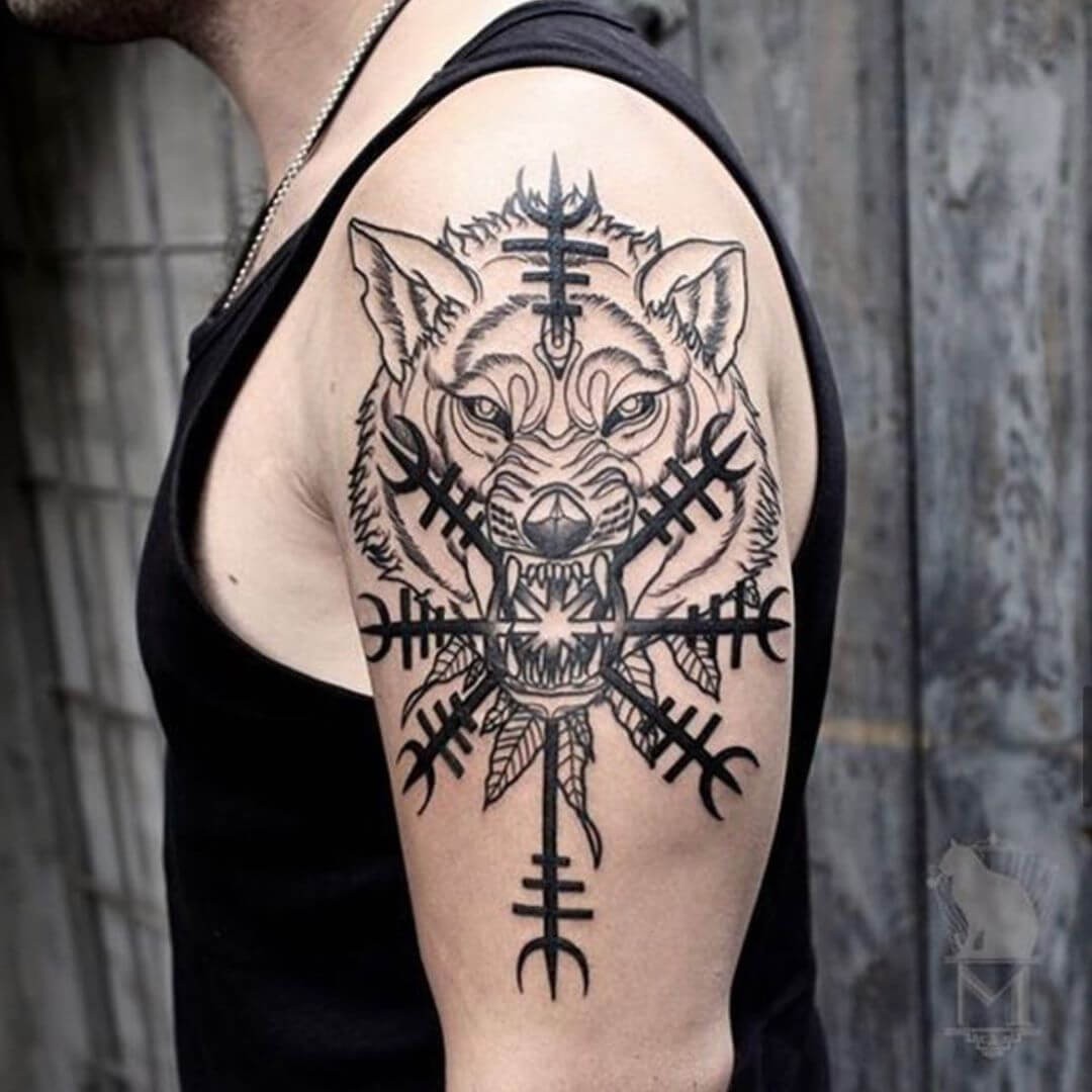 Awesome Fenrir And Helm Of Awe Black Outlined Bicep Viking Style Tattoo Design