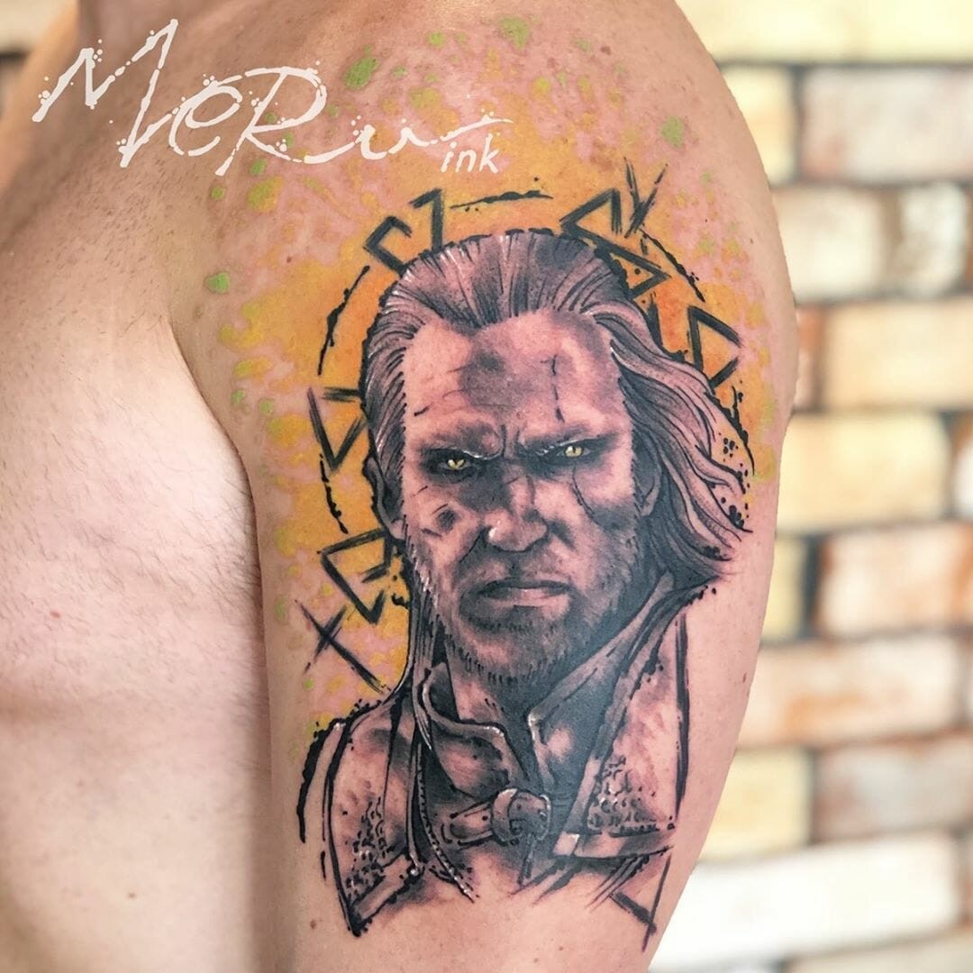 Giant Witcher Tattoo On Shoulder